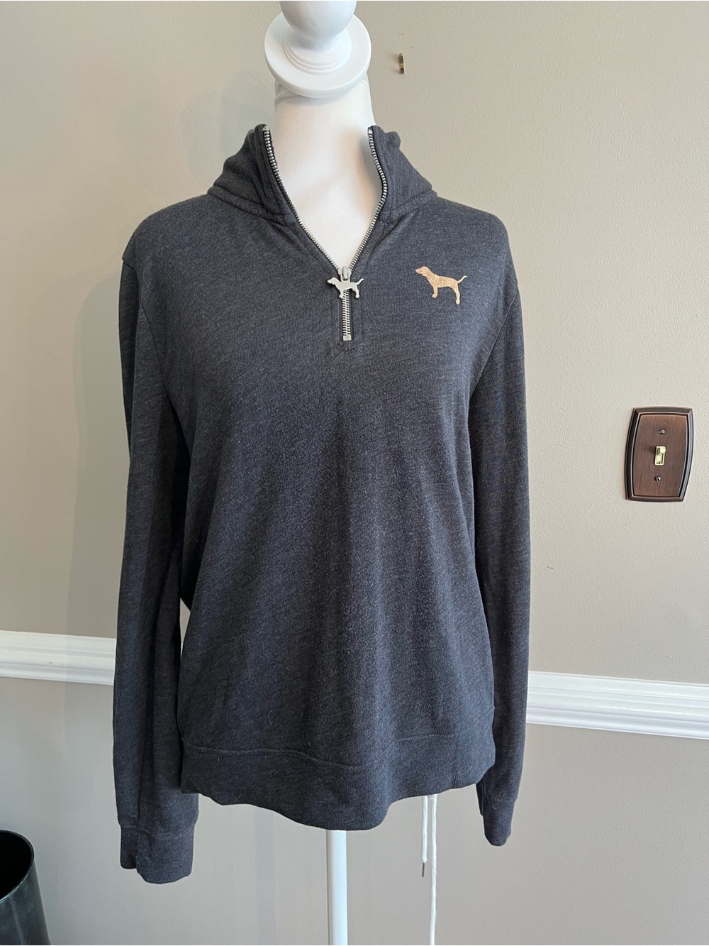 PINK Victoria's Secret Charcoal Gray Quarter-Zip Hoodie with Dog Logo